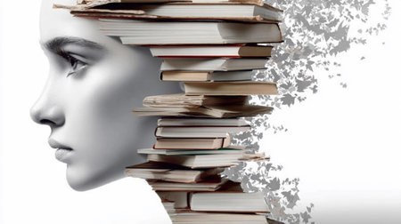 Woman's silhouette artfully composed of books creating a visual representation of knowledge and learning processesの写真素材