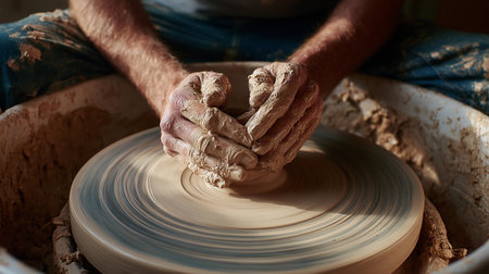 Potter shaping clay on wheel creating unique ceramic piece in an artisan studio during daylight...