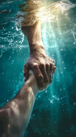 Two hands reaching for each other underwater, symbolizing connection and hope during a challenging moment in a serene aquatic environmentの写真素材