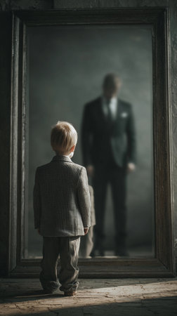Reflection of innocence in a haunting mirror, showcasing a child in a suit gazing at a mysterious adult figure, creating a surreal atmosphere in the dimly lit roomの写真素材