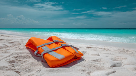 Bright orange life jacket rests on white sandy beach while calm turquoise waves gently lap against the shore under a clear blue skyの写真素材