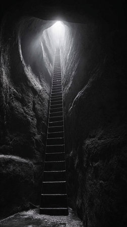 Ladder leading to light from deep cave, symbolizing hope and escape in a mysterious environmentの写真素材