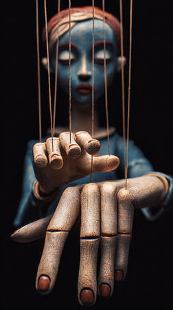 Marionette controlling wooden hands with intricate strings against a dark background showing artistry and craftsmanshipの写真素材