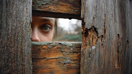 Person peeking through wooden fence with a curious expression during a cloudy day in a rural settingの写真素材