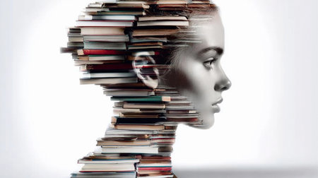Creative representation of knowledge featuring a young woman with a head composed of books showing the relationship between reading and intellectの写真素材