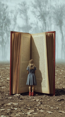 Girl stands before enormous open book in a foggy forest setting, evoking a sense of wonder and imagination during twilight hoursの写真素材