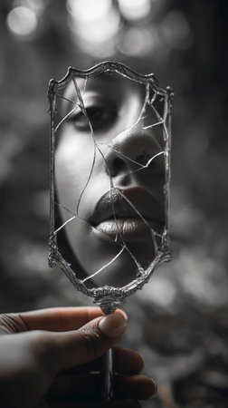 Reflection of a person holding a cracked mirror revealing their thoughtful expression in a blurred...