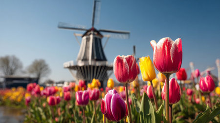 Colorful tulip fields in full bloom with a historic windmill against a clear blue sky during springtime in the Netherlandsの写真素材