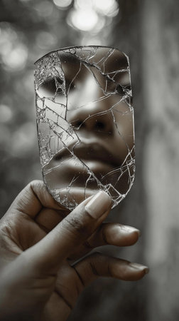 Reflections on identity captured through a cracked mirror held by a person in a blurred outdoor...