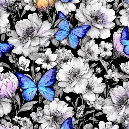 Colorful butterflies and blooming flowers create a vibrant pattern on a black background in this lively floral designの写真素材