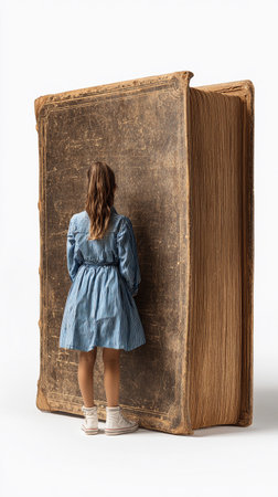 Child standing in front of oversized antique book, showing contrast between youth and timeless...