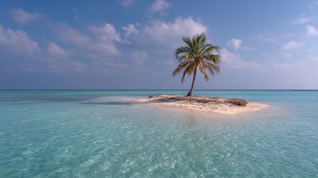 Stunning tropical island with a palm tree surrounded by clear turquoise water under a blue sky and fluffy clouds on a sunny dayの素材