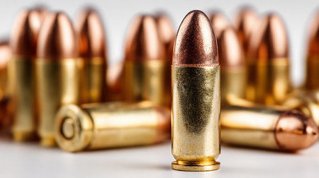 Collection of shiny brass bullet casings with copper-tipped tips displayed together, highlighting intricacies and designs in a close-up viewの素材