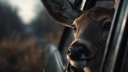 Deer curiously peeks through vehicle window in a serene autumn landscape during late afternoon lightの素材