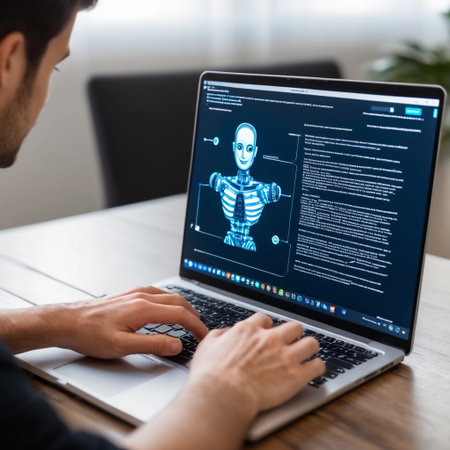 Person working on a laptop at a table, studying a digital human skeleton model and anatomy information in a modern workspace environment during the daytimeの素材