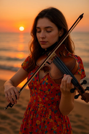 Young woman playing violin on sandy beach as sunset paints the sky in warm colors, creating a serene atmosphere during golden hourの素材
