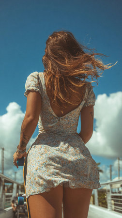 Woman walking on a sunny day with flowing hair in a floral dress, surrounded by bright blue skies and fluffy cloudsの素材