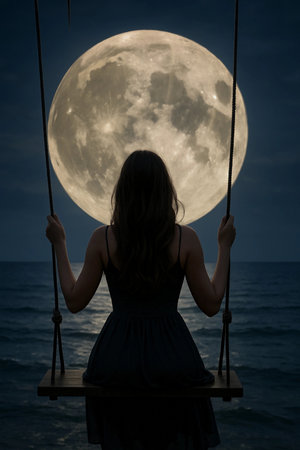 Swinging towards the full moon over the ocean at night while enjoying a serene moment by the water under a clear skyの素材