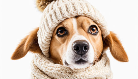 Cute beagle wearing cozy knit hat and scarf, posing for the camera against a white background during winter seasonの素材