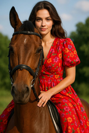 Woman in a floral dress riding a brown horse in a lush green field under a bright blue sky during daytimeの素材