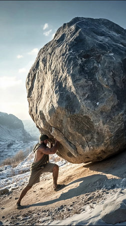 Strong man pushes a large boulder uphill in a rocky landscape during daylightの素材