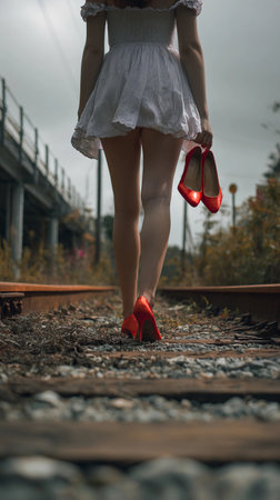 Woman walking along railway tracks wearing a white dress and holding red high heels with a cloudy sky overheadの素材