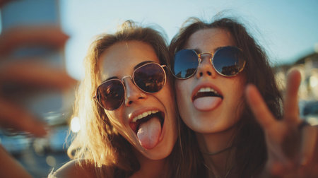 Enjoying a sunny day at the beach while taking a fun selfie with friends in stylish sunglassesの素材