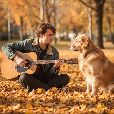 Young man plays guitar for golden retriever in autumn park surrounded by colorful leaves amidst warm afternoon sunlightの素材