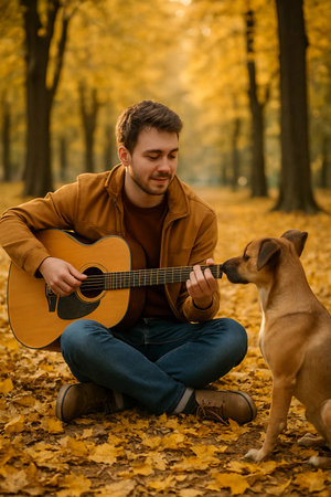 Man plays guitar for dog in autumn park filled with golden leaves during a sunny afternoonの素材