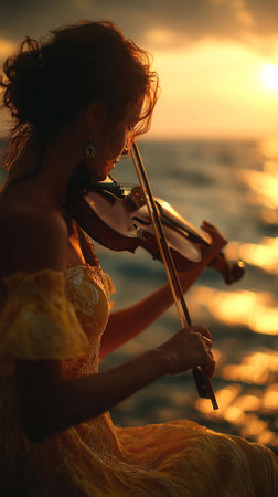 Musician plays violin at sunset by the ocean, capturing a serene moment filled with emotion and beauty near the shoreの素材