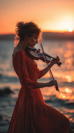 Woman in a red dress playing the violin by the ocean during sunset, creating a serene atmosphere filled with music and warm colorsの素材