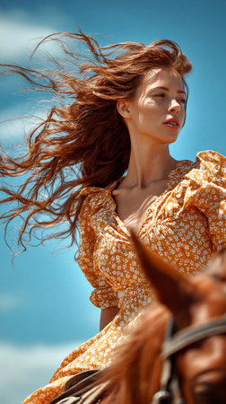 Young woman with flowing hair in a floral dress rides a horse under a sunny sky in a rural settingの素材