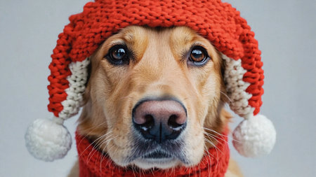 Golden retriever wearing a red knitted Santa hat and scarf celebrating the holiday season with a joyful expression indoorsの素材