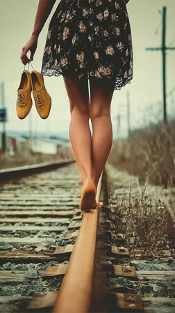 Walking barefoot on train tracks with shoes in hand during a quiet afternoonの素材
