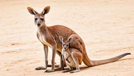 Kangaroo and its joey resting together in a sandy landscape during the daytime in Australiaの素材