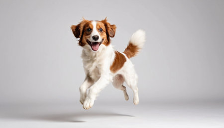 Happy dog jumps joyfully in a studio setting, showcasing its playful spirit and energy against a plain backdropの素材
