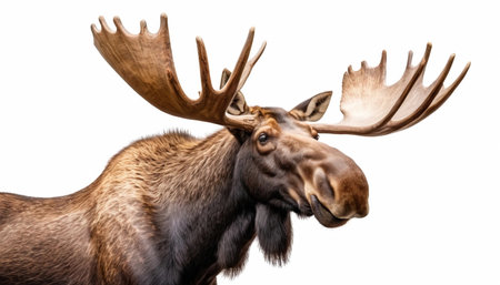Moose with large antlers poses against a white background, showing its majestic features and unique characteristics, highlighting the beauty of wildlife and natureの素材