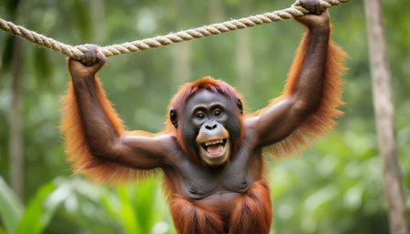 Orangutan swings joyfully on a rope in a lush tropical forest, showcasing strength and agility against a vibrant green backdropの素材