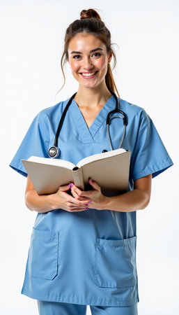 Nurse in scrubs holding a book and smiling, showcasing dedication to healthcare and education in a bright settingの素材