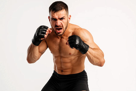 Muscular fighter preparing for a match with a fierce expression, posing in a training environmentの素材