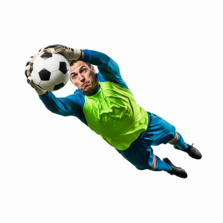 Goalkeeper leaps to make a stunning save during a soccer match, showcasing athleticism and skill in vibrant gear while facing an opposing team's shotの素材