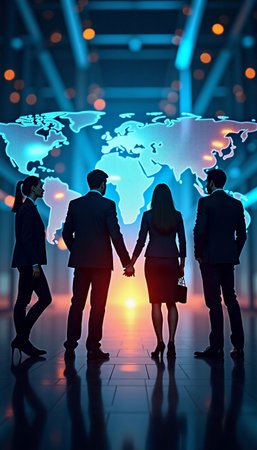 Business professionals standing together in a modern office with a world map projection during a corporate presentation at nightの素材