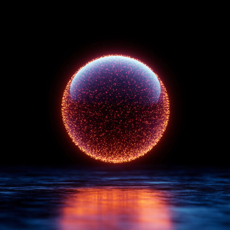 Bright glowing sphere reflecting light on a dark surface with floating particles and vibrant colors in a captivating digital art sceneの素材