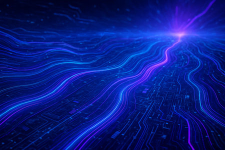 Colorful digital lines create a vibrant abstract scene in dark space, showcasing technology and energy flowing along a circuit-like landscape at nightの素材