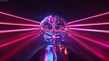Colorful abstract brain with neon lights and glowing particles, creating a futuristic atmosphere in a dark settingの素材