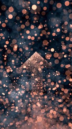 Glittering arrow points upwards amidst a backdrop of shimmering bokeh lights in soft hues of orange and goldの素材