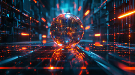 Digital representation of a glowing globe in a futuristic data environment with vibrant light trails and a high-tech ambianceの素材