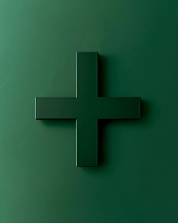 Cross shape in deep green color against a textured background, showcasing modern design elements and minimalist aesthetics in interior decorの素材