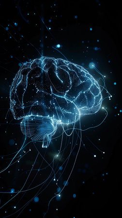 Digital representation of a brain with glowing connections and dots, showcasing neural network activity against a dark background, highlighting technology and neuroscience conceptsの素材