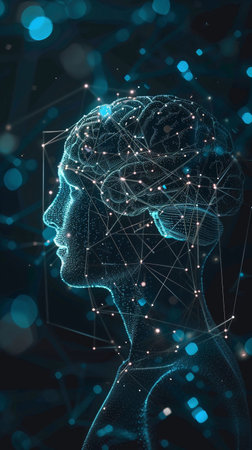 Digital representation of a human brain with connected nodes and glowing points depicting neural connections and intelligence in an abstract spaceの素材